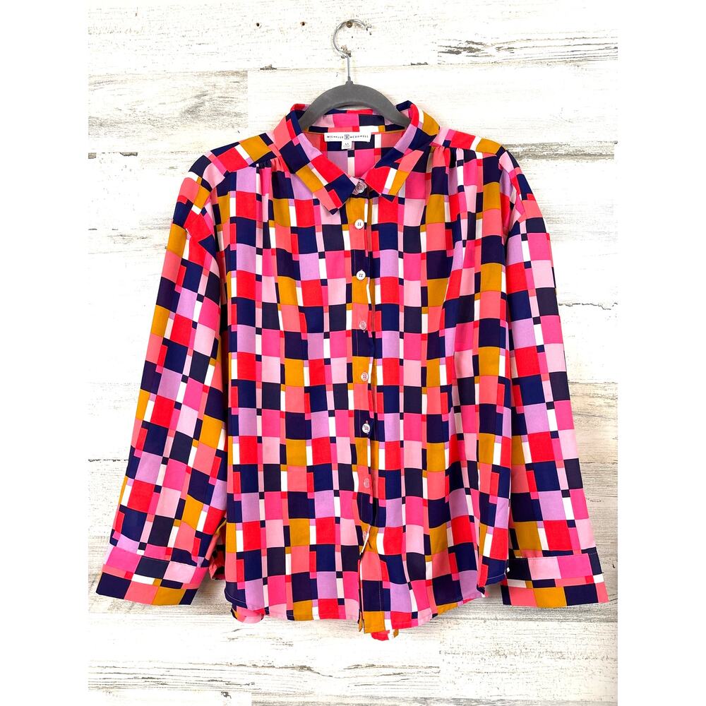Michelle McDowell Womens M Multicolor Geometric Tile Button Down Blouse Luxe